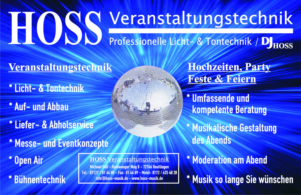 Hoss Veranstaltungstechnik - Professionelle Licht- und Tontechnik, DJ, Hochzeiten, Party, feiern in Mittelstadt, Reutlingen, Tübingen, Baden-Württemberg
